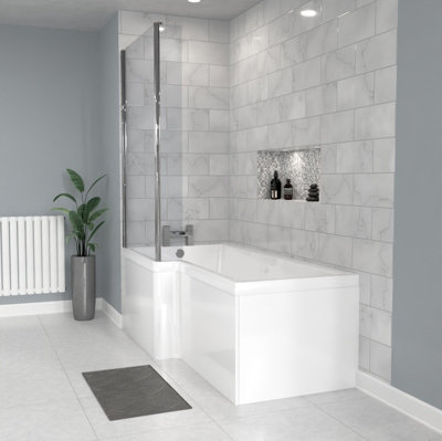 Nes Home Left Hand L Shaped Shower Bath With Front Panel & Hinged Shower Screen