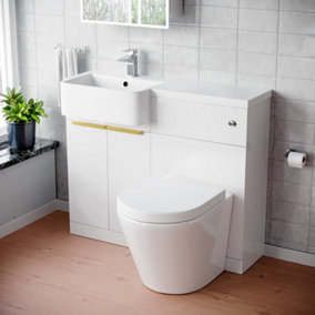 Nes Home Left Home Basin Vanity Unit, Brushed Brass Handles, WC Unit & Rimless Toilet