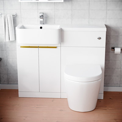 Nes Home Left Home Basin Vanity Unit, Brushed Brass Handles, WC Unit & Rimless Toilet