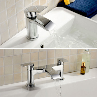 Nes Home Libra Waterfall Basin Mono Tap, Bath Filler Mixer Tap & Waste Chrome