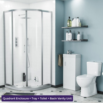 Nes Home Lindley 3-Piece White 900mm Shower Enclosure Suite, Close Coupled WC Toilet with Seat and Vanity Basin Unit