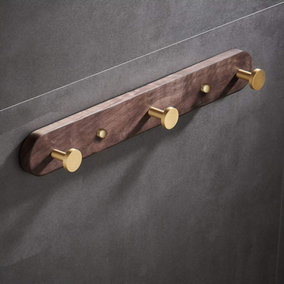 Nes Home Luxury 3 Hook Robe/Towel Rack Wooden Walnut & Gold