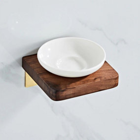 Nes Home Luxury Ceramic Soap dish with Shelf Wooden Walnut & Brushed Gold