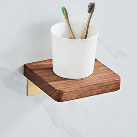 Nes Home Luxury Ceramic Toothbrush Holder with Shelf Wooden Walnut & Brushed Gold