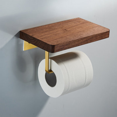 Nes Home Luxury Single Toilet Roll Holder Wooden Walnut Gold