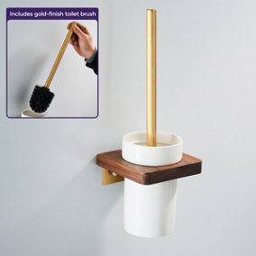 Nes Home Luxury Toilet Brush, Holder and Ceramic Bowl Wooden Walnut & Gold