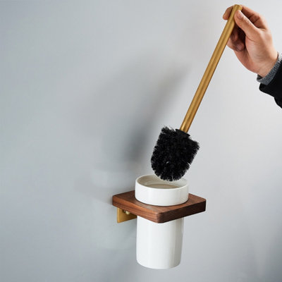 Nes Home Luxury Toilet Brush, Holder and Ceramic Bowl Wooden Walnut & Gold