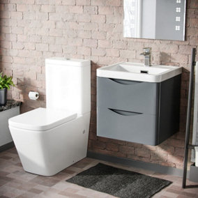 Nes Home Lydon 500mm Wall Hung Vanity Basin Unit & Square Rimless Close Coupled Toilet Grey
