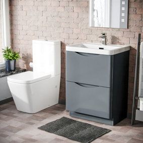 Nes Home Lyndon 600mm Grey Freestanding Vanity Basin Unit & Rimless Close Coupled Toilet