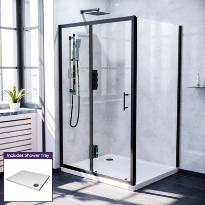 Nes Home Magna 1000mm Matt Black Framed Shower Sliding Door, 760mm Frameless Glass Side Panel Screen & Tray