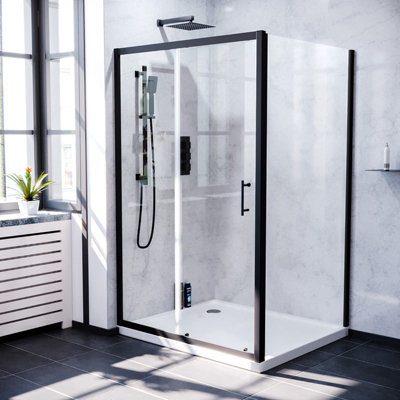 Nes Home Magna 1000mm Shower Sliding Door & 800mm Frameless Glass Side Panel Screen Matte Black