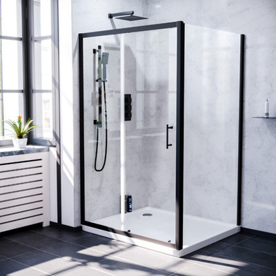 Nes Home Magna 1100mm Shower Sliding Door & 800mm Frameless Glass Side Panel Screen Matte Black