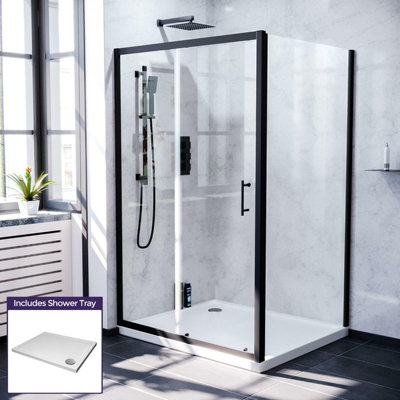 Nes Home Magna 1100mm Shower Sliding Door, 900mm Frameless Glass Side Panel Screen & Tray Matte Black