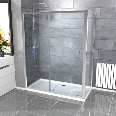 Nes Home Magna 1600mm Shower Sliding Door, 900mm Glass Side Panel Screen & Tray