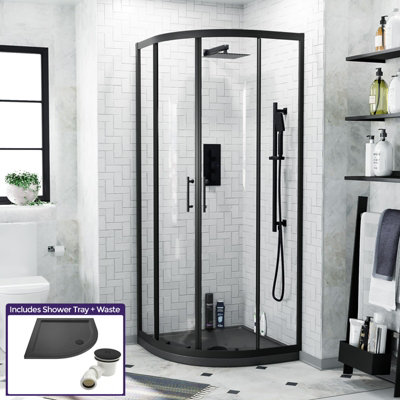 Nes Home Matte Black Framed Quadrant 800mm Shower Enclosure, Tray & Waste