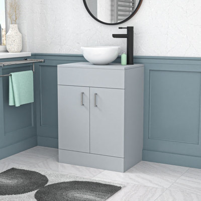 Nes Home Matte Grey 600mm Bathroom Doors Vanity Unit Round Ceramic Basin