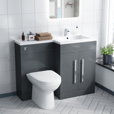 Nes Home Melbourne Bathroom RH L-Shape White Basin Vanity Grey Unit BTW Toilet