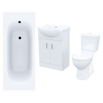Nes Home Memphis  3-Piece Bathroom Suite White - Close Coupled Toilet, 550mm Basin Vanity Unit and Round Bath Tub