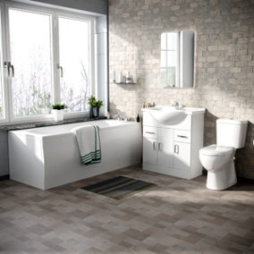Nes Home Memphis 3-Piece Bathroom Suite White - Close Coupled Toilet, 750mm Basin Vanity Unit and Round Bath Tub