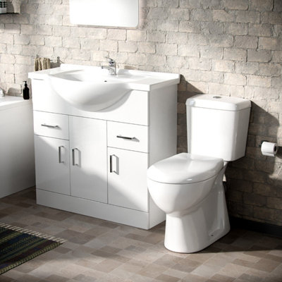 Nes Home Memphis 3-Piece Bathroom Suite White - Close Coupled Toilet, 850mm Basin Vanity Unit and Round Bath Tub