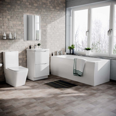 Nes Home Merton 1700mm Bath, 500mm Flat Pack Vanity Basin Unit & Modern Rimless Toilet White Price Comparisons | Compare The Build