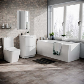 Nes Home Merton 1700mm Bath, 500mm Flat Pack Vanity Basin Unit & Modern Rimless Toilet White