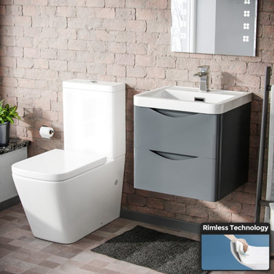 Nes Home Merton 500mm Wall Hung Vanity Basin Unit & Square Rimless Close Coupled Toilet Grey