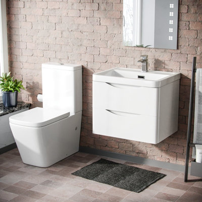 Nes Home Merton 600 Wall Hung Gloss White Vanity Basin & Rimless Close Coupled Toilet