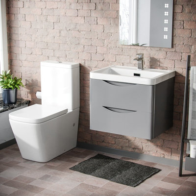 Nes Home Merton 600 Wall Hung Grey Vanity Basin & Rimless Close Coupled Toilet