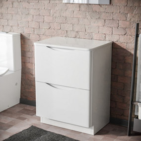 Nes Home Merton 600mm Gloss White 2 Drawer Work Top Freestanding Vanity Unit Bathroom