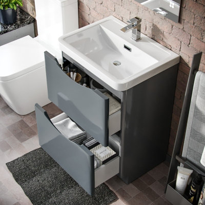Nes Home Merton 600mm Grey Freestanding Vanity Basin Unit & Rimless Close Coupled Toilet