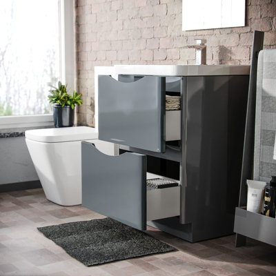 Nes Home Merton 600mm Grey Freestanding Vanity Basin Unit & Rimless Close Coupled Toilet