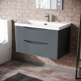 Nes Home Merton 800mm Grey Wall Hung Drawer & Resin White Basin Sink Vanity Unit