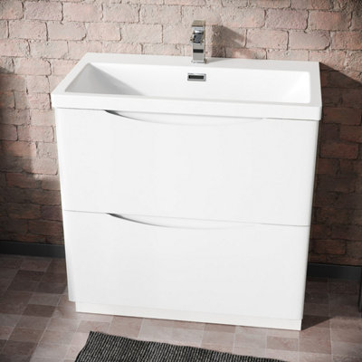Nes Home Modern 800mm Freestanding Gloss White Basin Vanity Sink 2 Drawer