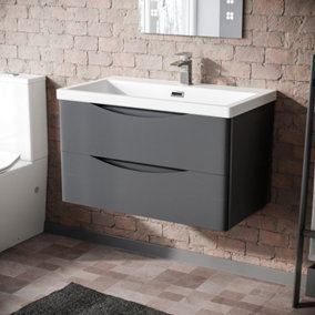Nes Home Modern 800mm Steel Grey Wall Hung  Basin Sink Vanity Unit