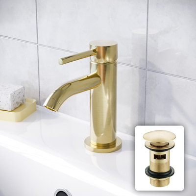 Nes Home Modern Bathroom Brushed Brass Round Basin Mono Mixer Tap and Waste