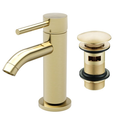 Nes Home Modern Bathroom Brushed Brass Round Basin Mono Mixer Tap and Waste