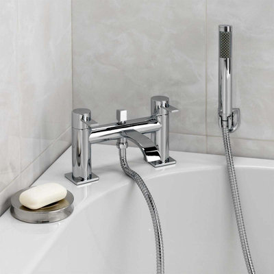 Nes Home Modern Bridge Deck Mounted Bath Filler Twin Lever Mixer Tap With Shower Kit Price Comparisons | Compare The Build