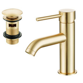 Nes Home Modern Cloakroom Brushed Brass Round Basin Mono Mixer Tap and Waste