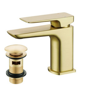 Nes Home Modern Cloakroom Brushed Brass Square Basin Mono Mixer Tap + Waste