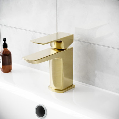 Nes Home Modern Cloakroom Brushed Brass Square Basin Mono Mixer Tap