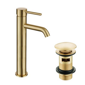 Nes Home Modern Countertop Brushed Brass Tall Round Basin Mono Mixer Tap + Waste