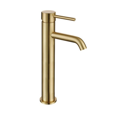 Nes Home Modern Countertop Brushed Brass Tall Round Basin Mono Mixer Tap + Waste
