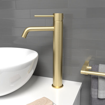 Nes Home Modern Countertop Brushed Brass Tall Round Single Lever Basin Mono Mixer Tap