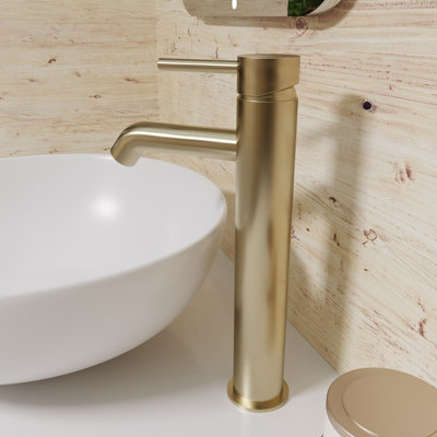 Nes Home Modern Countertop Brushed Brass Tall Round Single Lever Basin Mono Mixer Tap