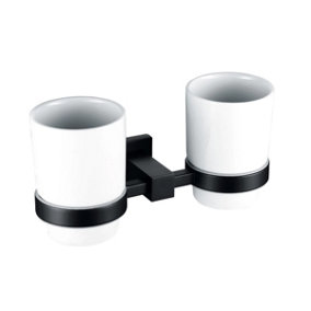 Nes Home Modern Matte Black Square Double Tumbler Cup and Holder Set Bathroom Accessory