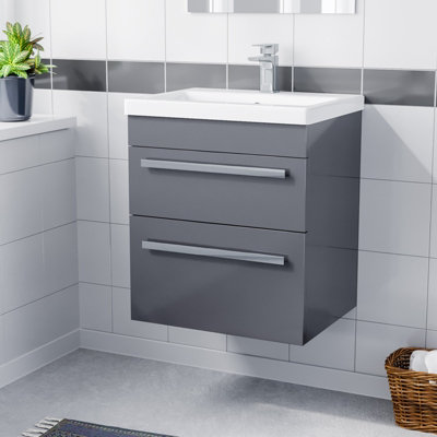 Nanuya 500mm Wall Hung Bathroom Vanity Unit - White Gloss, 2 Soft-Close Drawers, Ceramic Basin