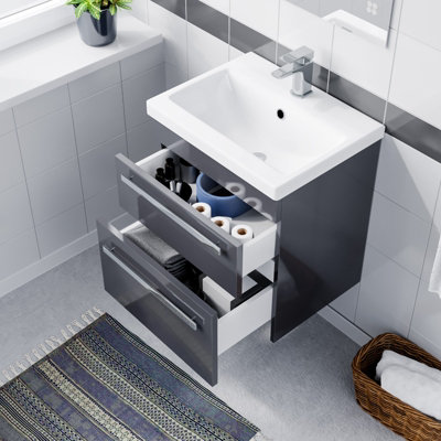 Nanuya 500mm Wall Hung Bathroom Vanity Unit - White Gloss, 2 Soft-Close Drawers, Ceramic Basin