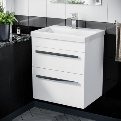Nanuya 500mm Wall Hung Bathroom Vanity Unit - White Gloss, 2 Soft-Close Drawers, Ceramic Basin