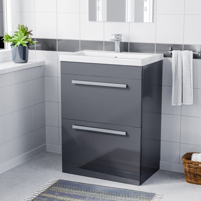 Nes Home Nanuya 600mm Floorstanding 2 Drawer Vanity Basin Unit Steel Grey Price Comparisons | Compare The Build